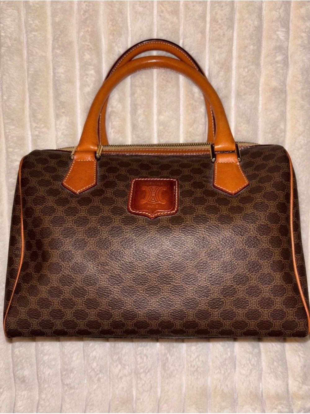 Celine Brown Monogrammed Satchel with Tan Leather Handles